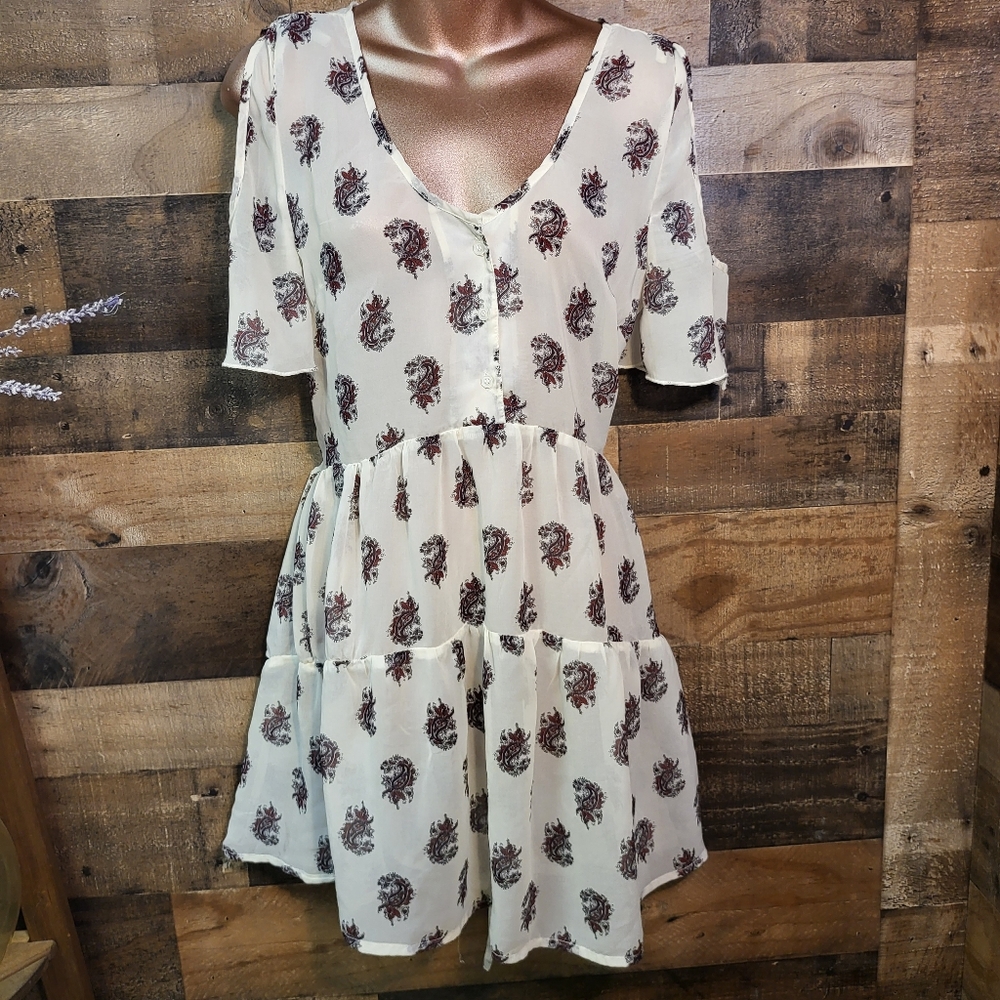 BAND OF GYPSIES sheer ivory dress with paisley print and cut out shoulders
